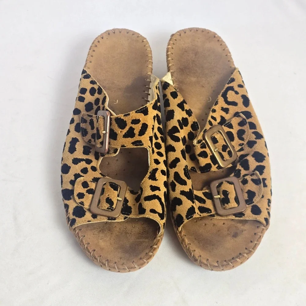 La Plume Leopard Print Double Buckle Platform Slide Sandals Tan Brown  Print 39